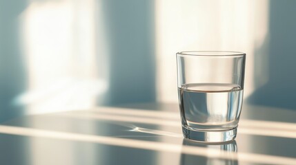 A clear glass of water on a reflective surface, illuminated by soft natural light, creating a calm and serene atmosphere.