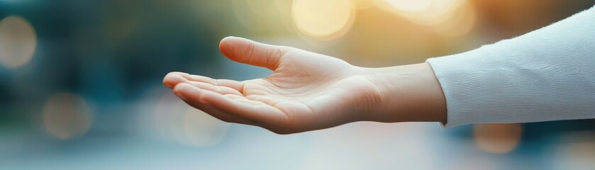 A close-up of an outstretched hand against a blurred background, symbolizing giving, support, and connection in a warm light.