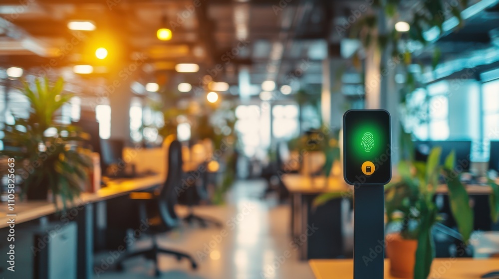 Poster modern office with green light indicator for enhanced security and access management in a contempora