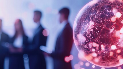 Digital globe with network overlay beside group meeting.