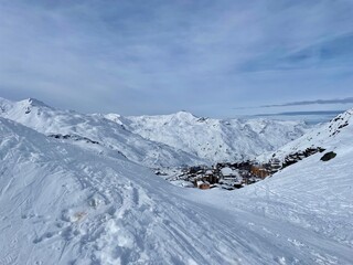 Panoramic snow view in ski resort Val Thorens ,France. Alps mountains