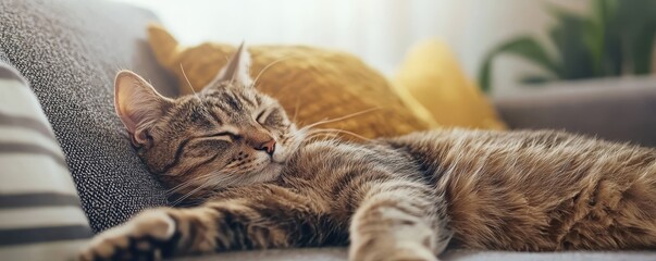 A cozy tabby cat peacefully sleeping on a comfortable gray sofa with a warm, soft focus background, embodying relaxation and tranquility.