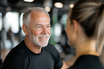 A joyful interaction between a smiling senior man and a woman during their gym workout session, highlighting the social aspect of fitness and healthy living together.