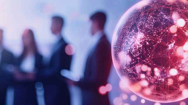 Digital globe with network overlay beside group meeting.