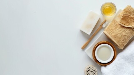 A serene image of personal care items on white background: bamboo toothbrush, cotton face scrub, soap, wooden bowl, luxurious vibe with natural elements.