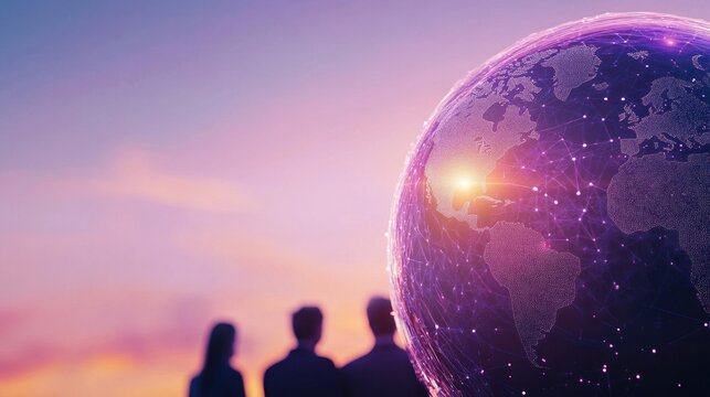 Digital globe with sunset light and observers.