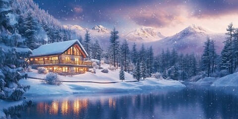 Fototapeta premium beautiful landscape winter and luxury resort in snow mountain in soft evening 