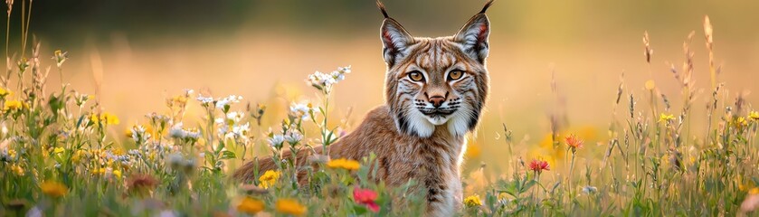 Obraz premium A lynx sits gracefully in a vibrant meadow, surrounded by blooming wildflowers and bathed in warm, golden sunlight.