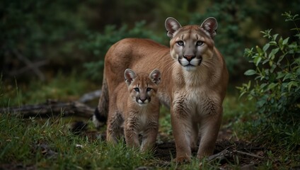 Cougar and its cub in the wild.