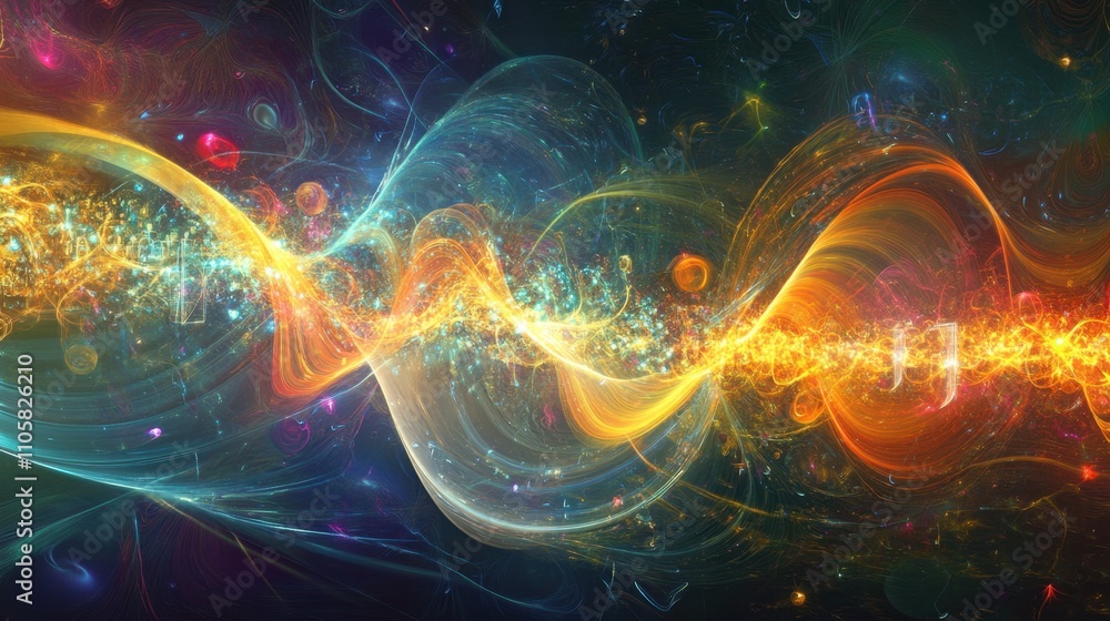 Poster a futuristic depiction of quantum gates, with beams of light and energy flows illustrating complex c