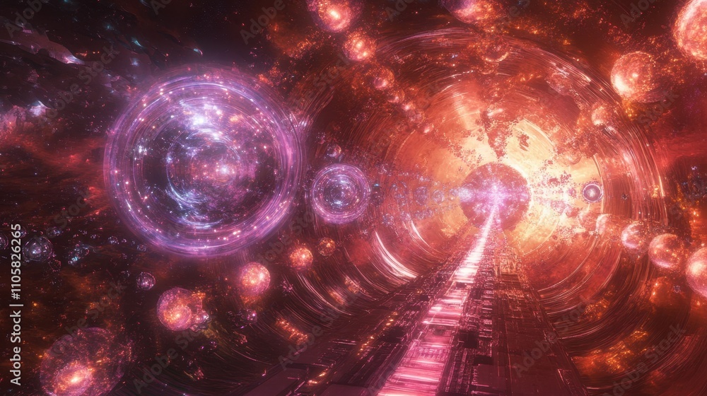 Poster a futuristic depiction of quantum gates, with beams of light and energy flows illustrating complex c