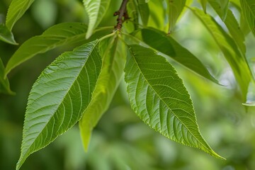 The elongated, pointed leaves of a peach tree, showing a fine serrated edge and a vibrant green hue