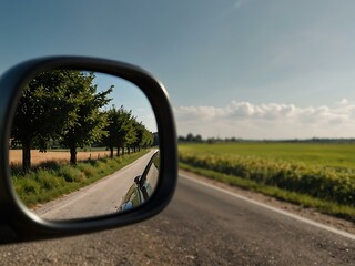 Countryside road reflected in a car's side mirror.