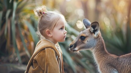 A girl with blond hair stands close to a baby kangaroo in a plant-filled setting, interacting intimately. They face each other, creating a serene atmosphere.
