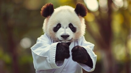 A panda in karate attire stands ready for action. The image shows its focused expression and forest backdrop, creating a serene yet playful atmosphere.