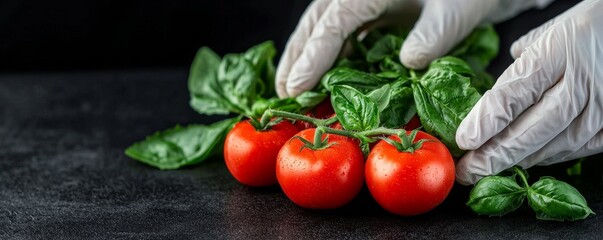Fresh red tomatoes and basil leaves are being handled with gloved hands on a dark surface, showcasing vibrant colors and healthy ingredients.