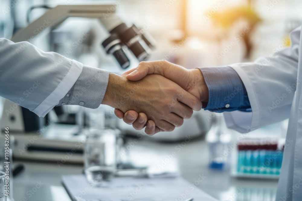 Aufkleber professional collaboration in a laboratory setting: close-up of a handshake between two researchers 