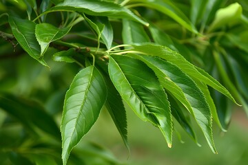 Obraz premium The elongated, pointed leaves of a peach tree, showing a fine serrated edge and a vibrant green hue