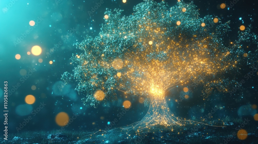 Aufkleber a futuristic visualization of a tree glowing with digital lights, illustrating harmony between techn