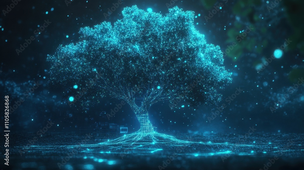 Poster a futuristic visualization of a tree glowing with digital lights, illustrating harmony between techn