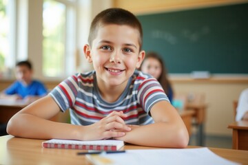 A young boy with a cheerful smile sits at a desk in a bright classroom. He is wearing a striped shirt. In the background, classmates are engaged in various activities, while sunlight streams through t