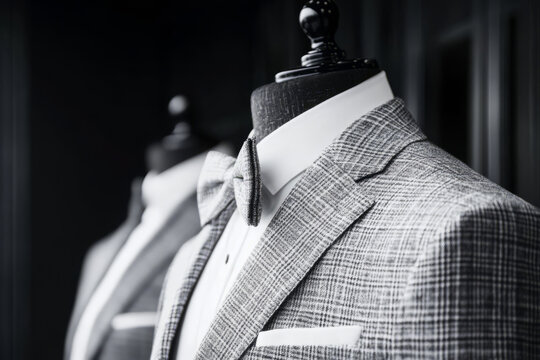 Tailored suit and matching bow tie on a mannequin