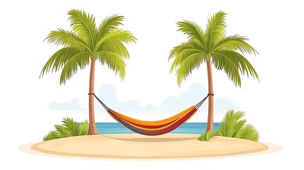 A clip art of a colorful hammock strung between two palm trees on a white background