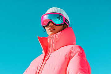 Woman wearing a ski goggles, dressed in a pink winter jacket