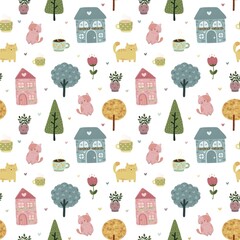 seamless pattern with houses and trees