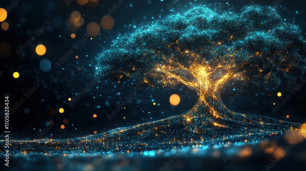 Poster a glowing tree with digital branches, blending nature and technology, symbolizing innovation and int