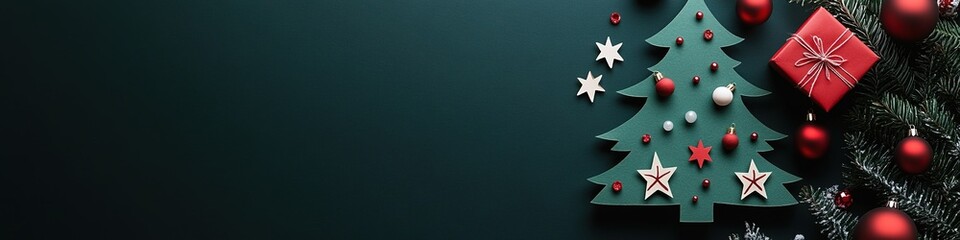 Creative Green Paper Christmas Tree Cutouts Adorned with Red and White Ornaments, Stars, and Wrapped Gifts, Capturing the Festive Atmosphere of Christmas Eve and New Year Celebrations. This Abstract M