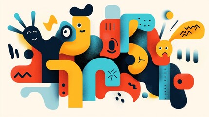 Colorful abstract illustration with geometric shapes and playful faces in a modern style using blue, yellow, and red tones.