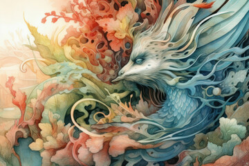 a fantastic bird-like creature surrounded by abstract and colorful elements reminiscent of leaves and vines.  