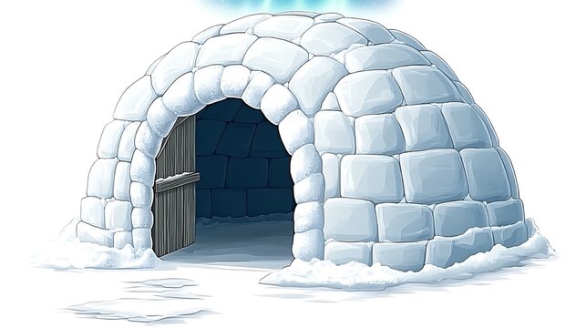 A clip art of a cozy igloo with northern lights above it on a white background