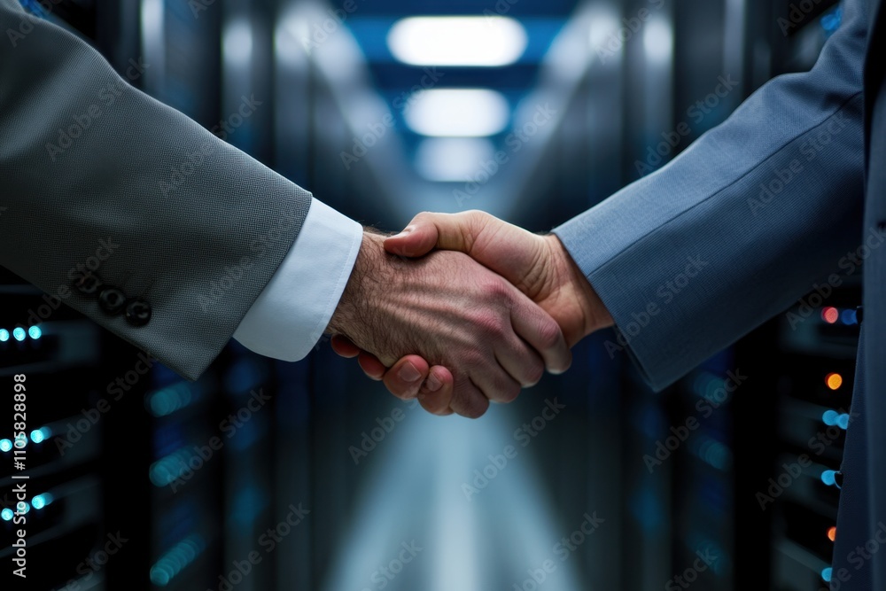 Poster handshake between business partners in modern data center symbolizing trust and collaboration in tec
