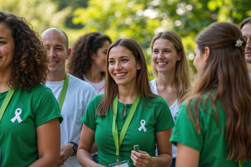 Group in green shirts promoting mental health awareness in an outdoor park setting. Perfect for campaigns, events, and wellness programs