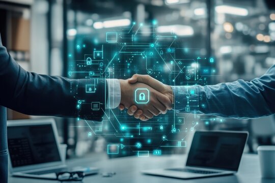 Digital Security Partnership with Abstract Lock Icons Overlaid on Business People’s Handshake in Modern Office Environment