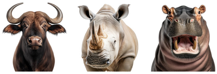 A majestic water buffalo, rhinoceros, and hippo showcasing wildlife diversity and beauty. transparent background.