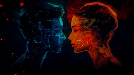 "A digital illustration of two human heads facing each other, showcasing intricate details and artistic design."
