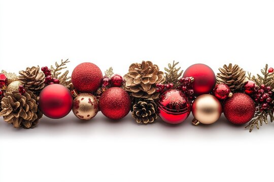 Christmas garland border with red and gold ornaments on white background, isolated on left side, space for text or logo, high-resolution, detailed photography. - Powered by Adobe