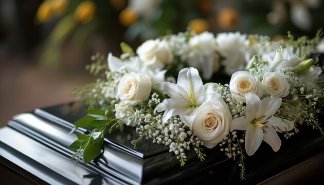 Elegant white floral wreath on black casket for funeral or memorial design