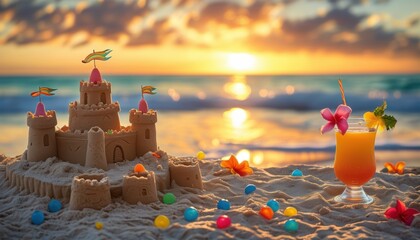 Tropical birthday celebration on the beach during sunset with copy space