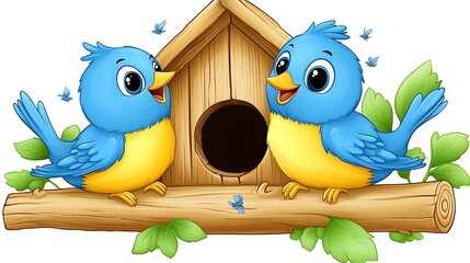 A clip art of a detailed wooden birdhouse with tiny birds flying around it on a white background