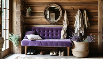 Cozy rustic entryway with lavender accents and copy space for design inspiration