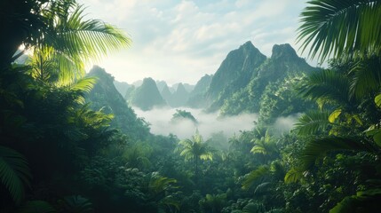 Fototapeta premium Tropical Mountains with Dense Jungle Foliage, Stunning Sunrise, Fantastical Landscape, Cinematic Concept Art, Mist-Shrouded