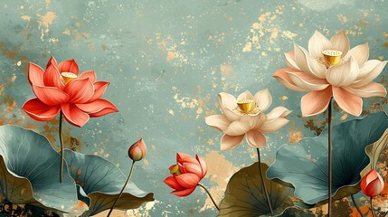 Elegant Floral Background with Indian Style Lotus Flowers and Swirling Vines in Soft Pastel Tones