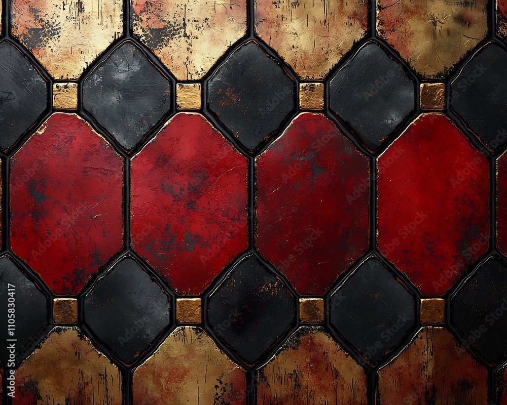 Poster elegant symmetrical indian tile pattern in deep red and gold tones