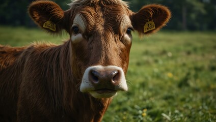 Cow's face with an inquisitive expression in a lush pasture.