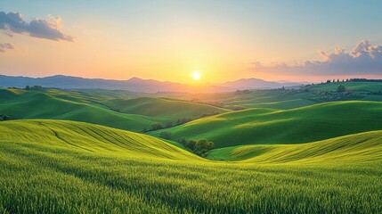 A dreamy landscape of rolling hills during sunset, with a gentle breeze creating ripples in the grass 