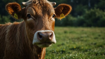 Naklejka premium Cow's face with an inquisitive expression in a lush pasture.